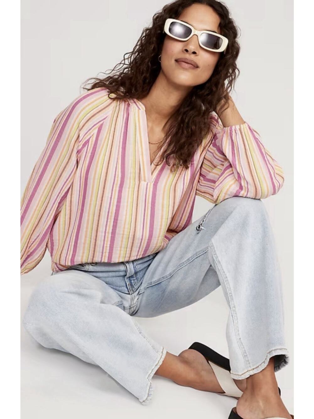 Old Navy Popover Blouse Pink Multi-Stripe Cotton Gauze LS Top Split Neck Large
